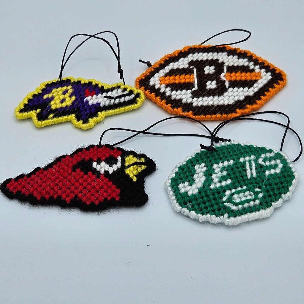 Handmade NFL Team Logo Cross-Stitch Ornaments - Ravens Cardinals Bengals & Jets